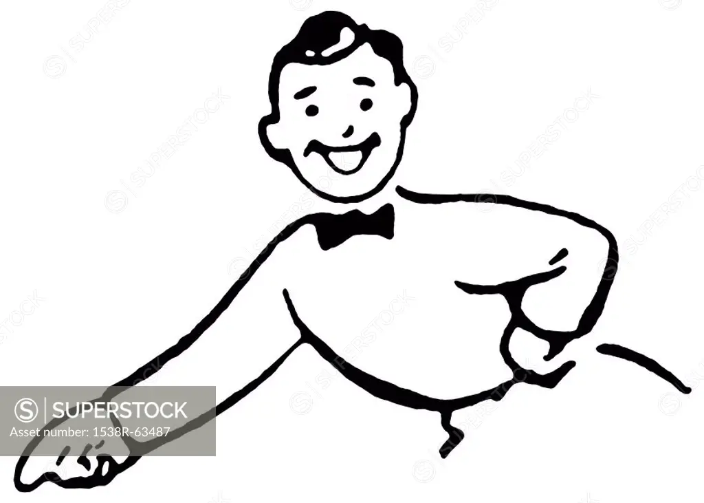 A black and white version of a cartoon style drawing of a happy looking man dressed in a suite with bowtie pointing his finger