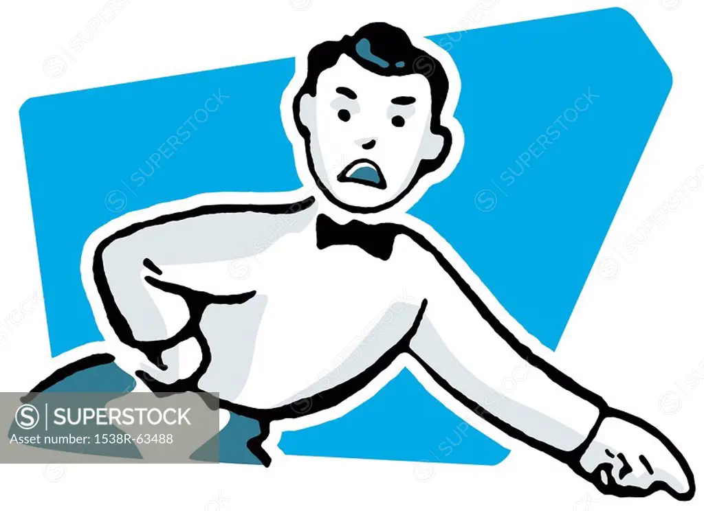 A cartoon style drawing of an unhappy looking man dressed in a suite with bowtie pointing his finger