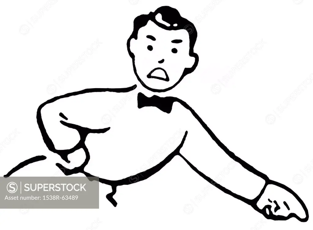 A black and white version of a cartoon style drawing of an unhappy looking man dressed in a suite with bowtie pointing his finger