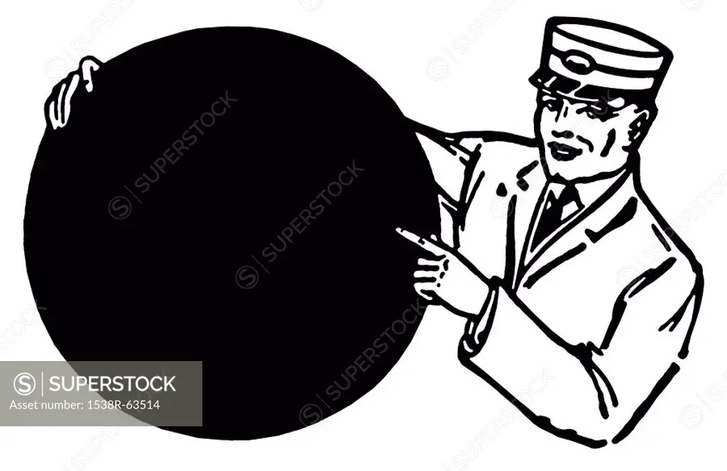 A black and white version of an illustration of a train conductor holding a round sign