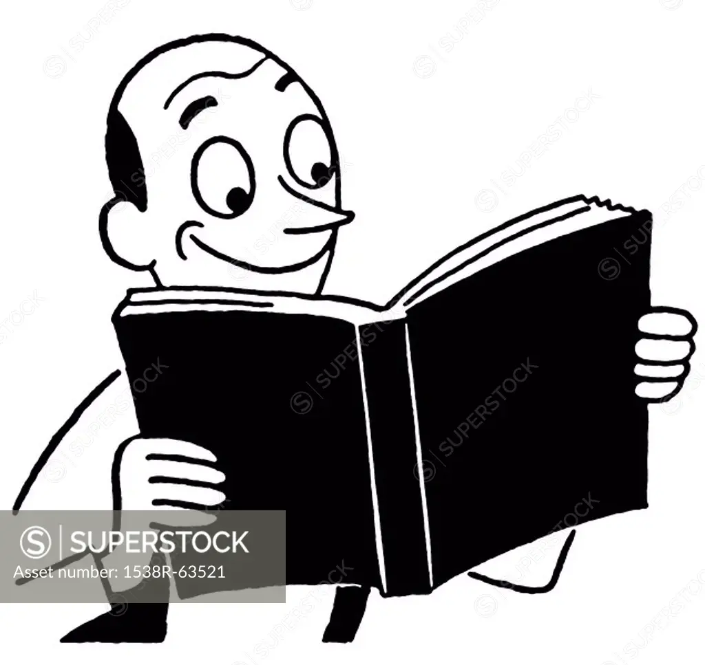 A black and white version of a cartoon style drawing of a man enjoying a book