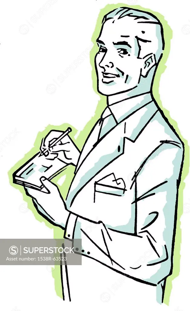A graphic illustration of a man signing a check