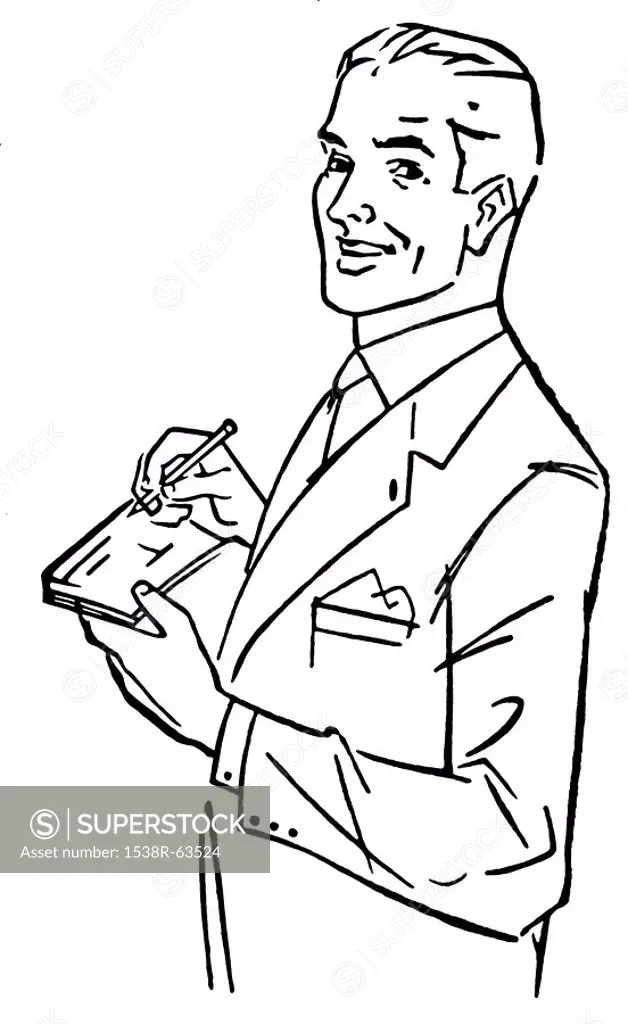 A black and white version of a graphic illustration of a man signing a check