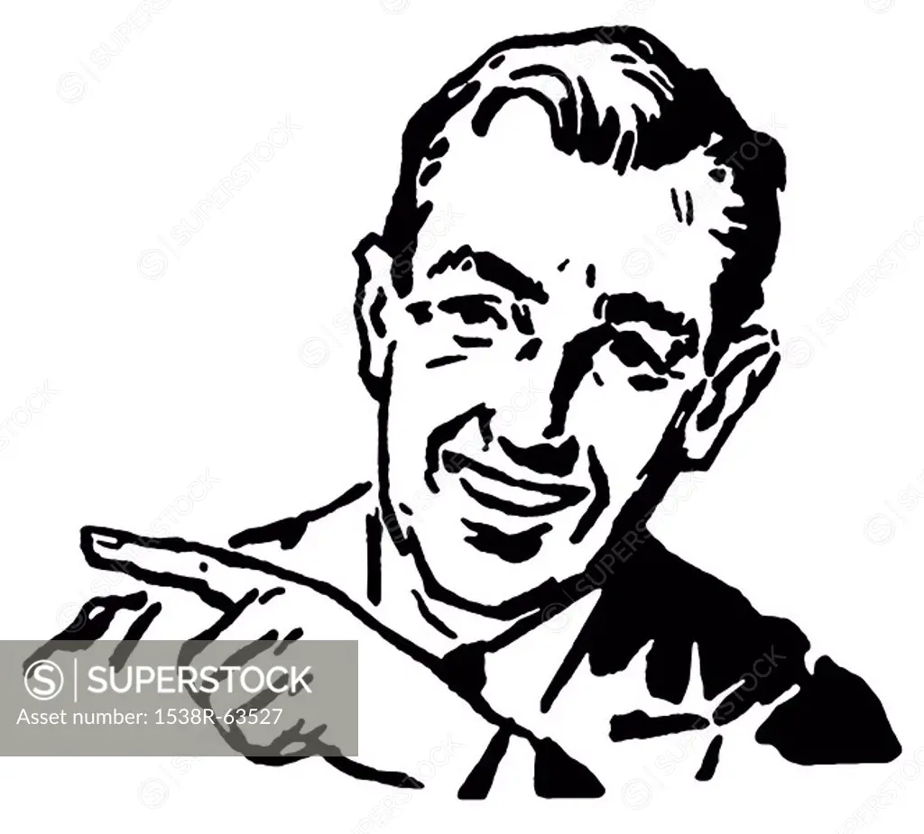 A black and white version of a graphic illustration of a businessman pointing to the left