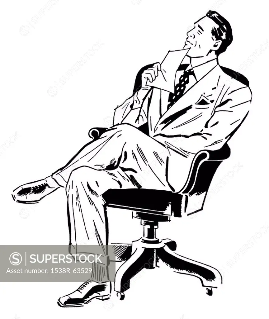 A black and white version of a graphic illustration of a businessman looking perplexed in his office chair