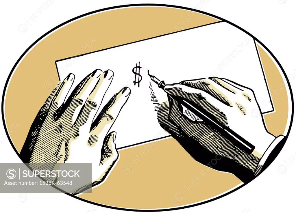 An illustration of two hands on a desk writing a dollar symbol