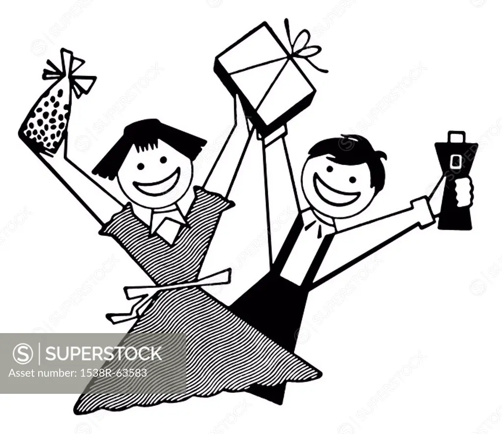 A black and white version of two children overjoyed with their gifts