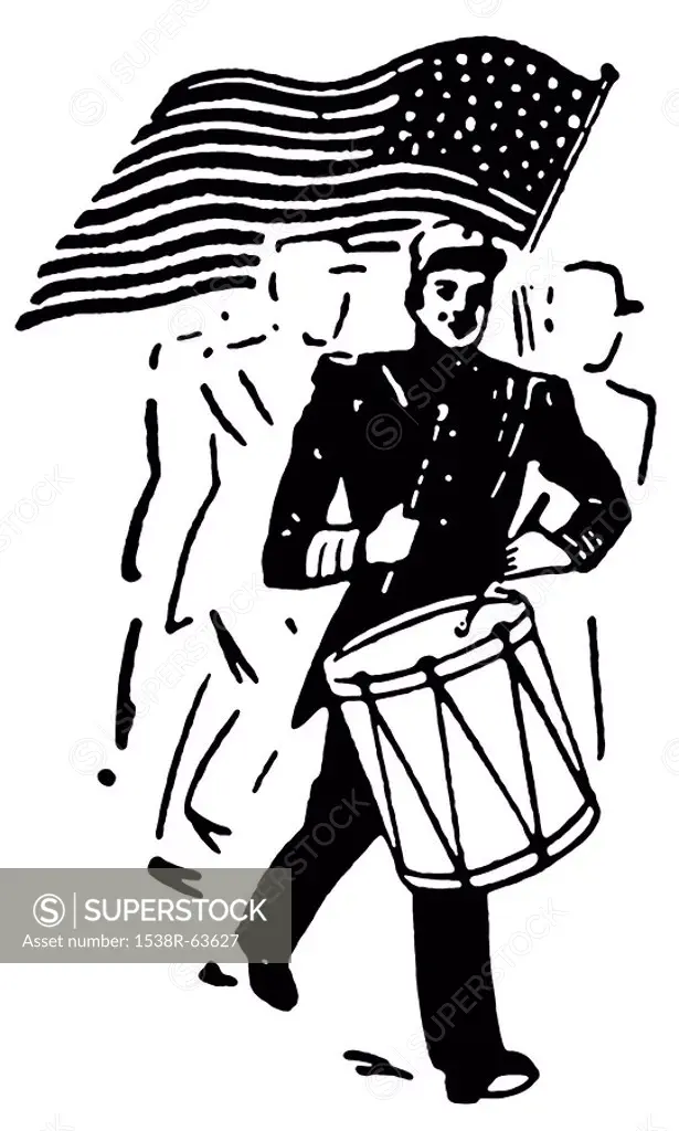 A black and white version of a drummer and American flag