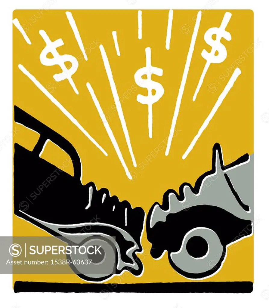 An illustration of a car accident and resulting in dollar signs