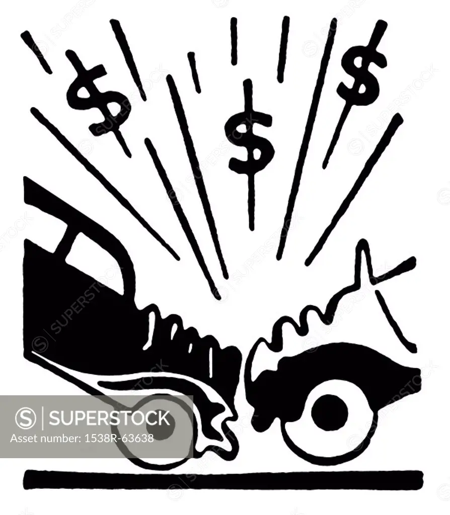A black and white version of an illustration of a car accident and resulting in dollar signs
