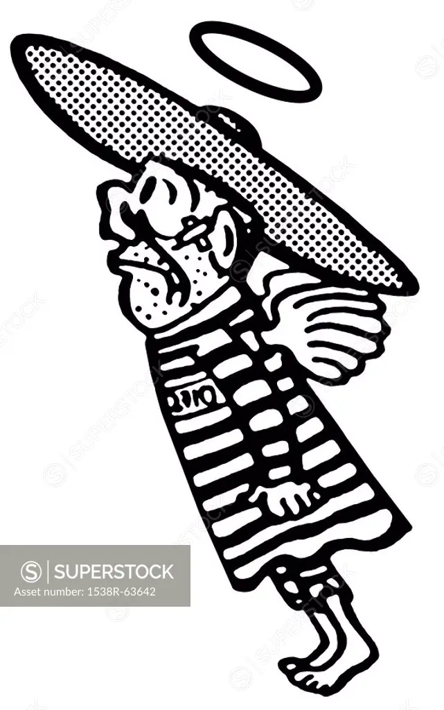 A black and white version of a flying man in a sombrero