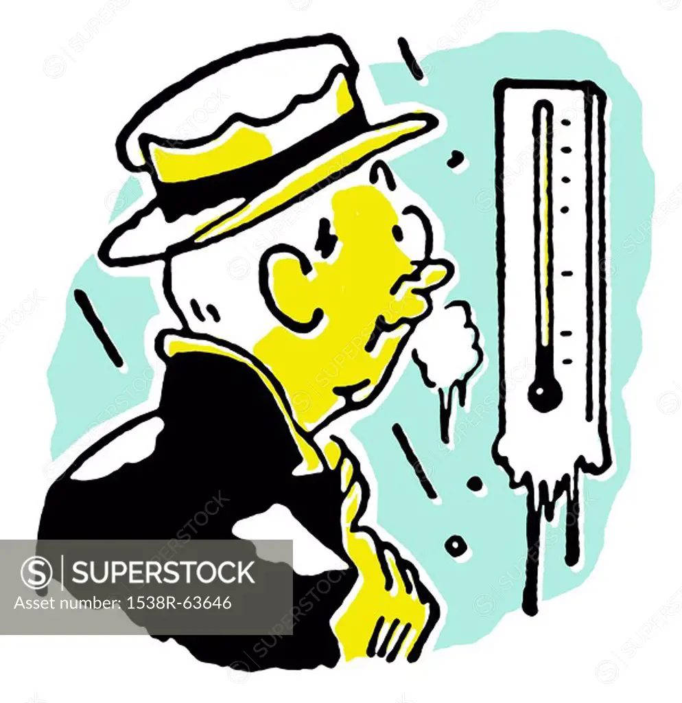 A man freezing whilst checking a thermostat