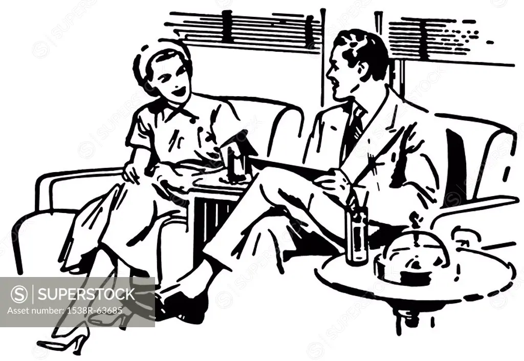 A black and white version of an illustration of a couple taking on a sofa