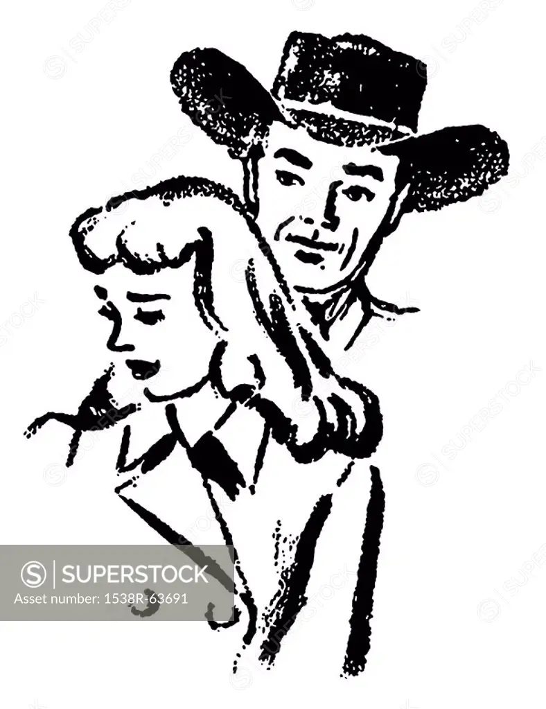 A black and white version of an illustration of a cowboy and a sad looking woman