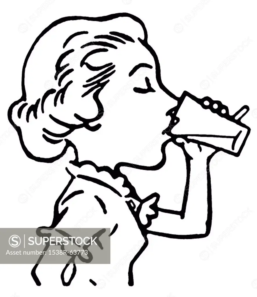 A black and white version of a line drawing of a woman enjoying a refreshing drink