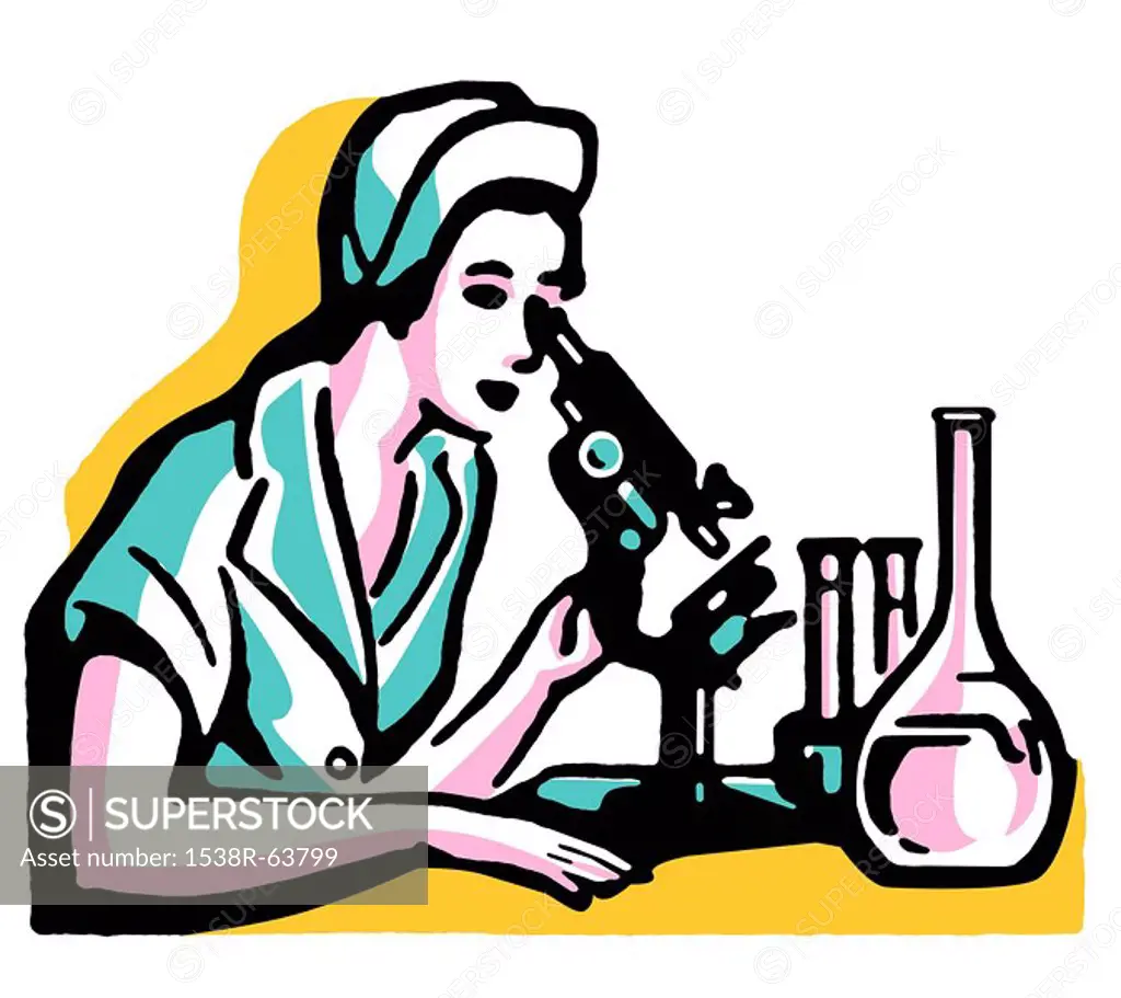 A vintage illustration of a woman looking into a microscope