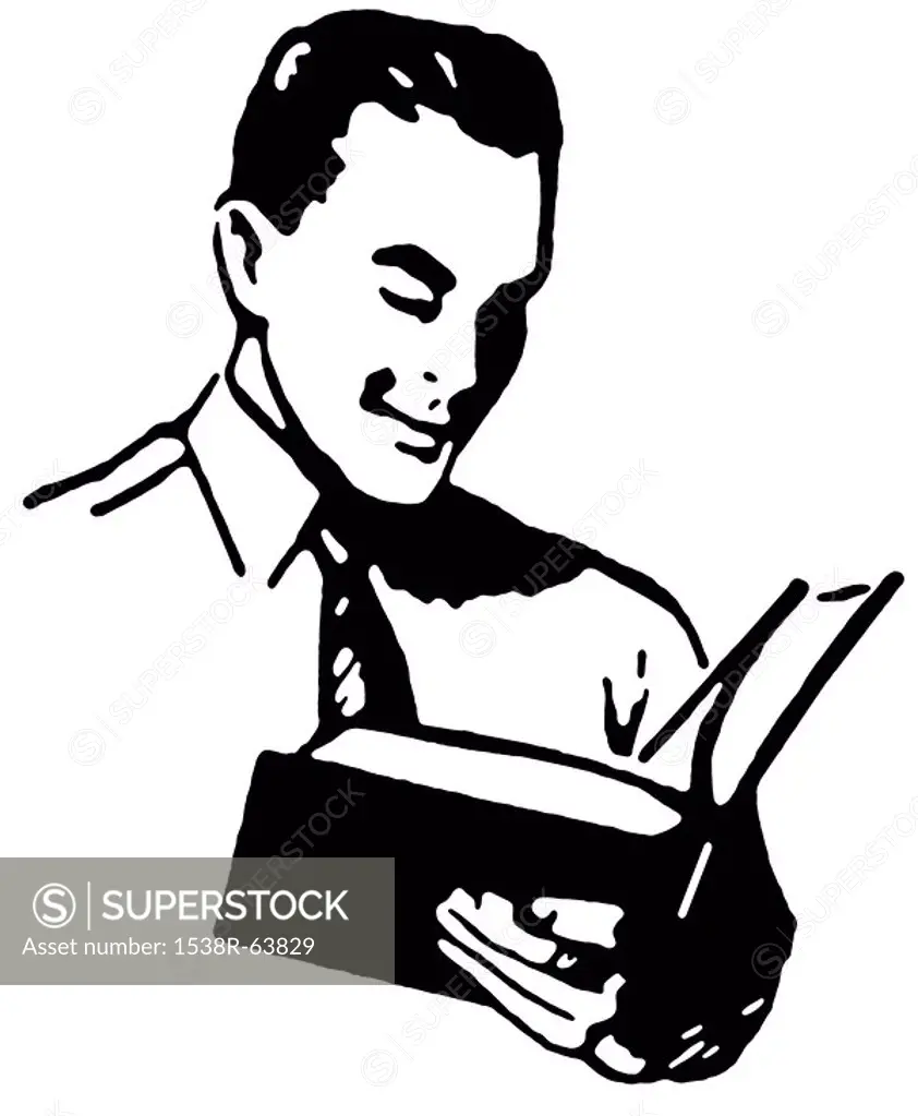 A black and white version of a vintage drawing of a man reading a book