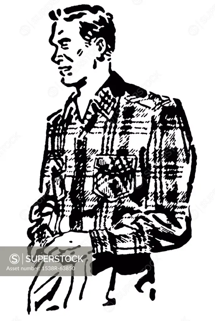 A black and white version of a vintage illustration of a man in a plaid shirt