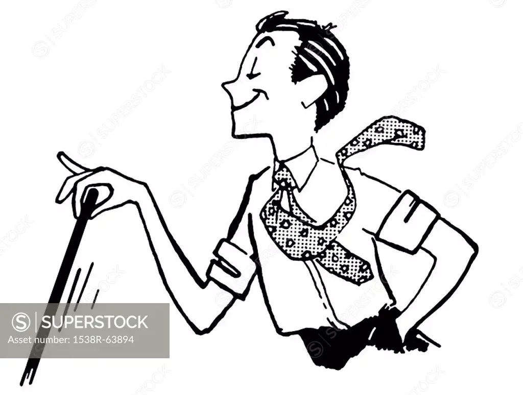 A black and white version of a cartoon style image of a man delicately waiving a cane