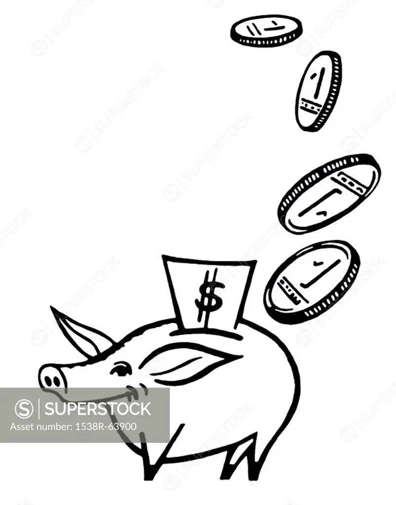 A black and white version of a small piggy bank being showered with coins