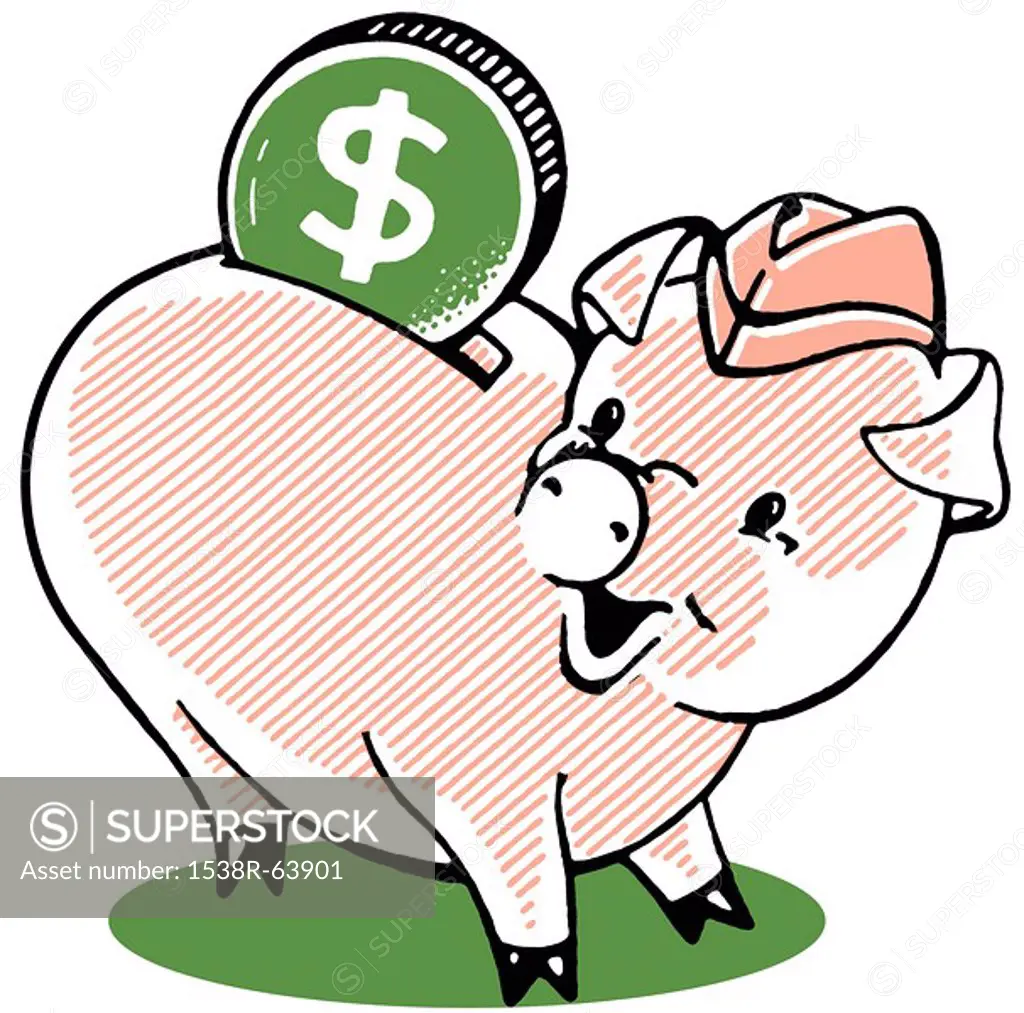 A happy looking piggy bank with a large dollar