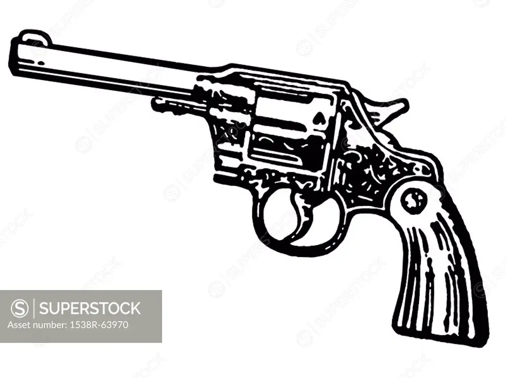A black and white version of a vintage hand gun