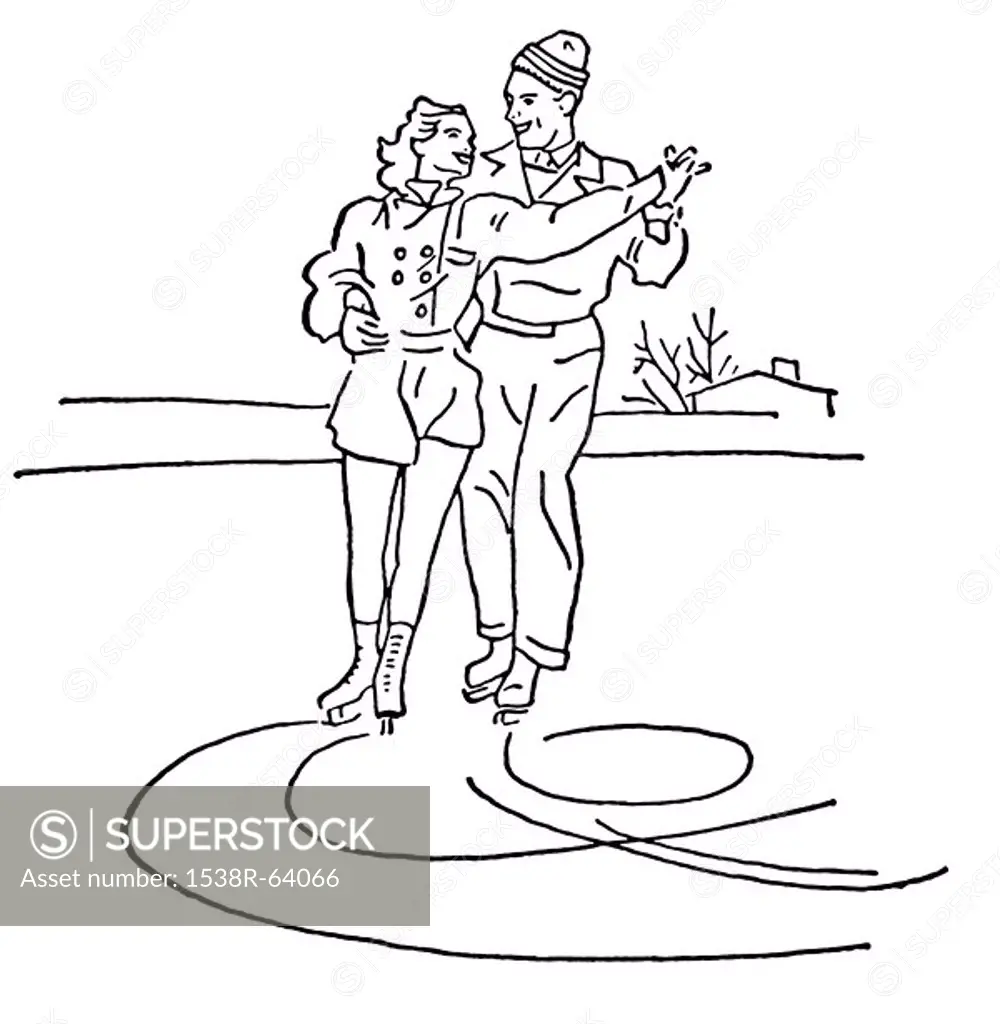 A black and white version of a vintage illustration of two people figure skating
