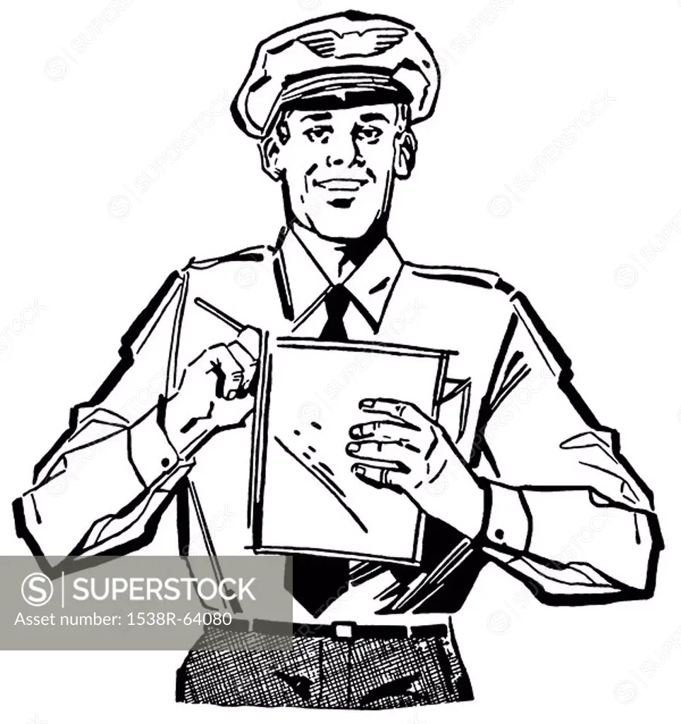 A black and white version of a vintage print of a delivery man