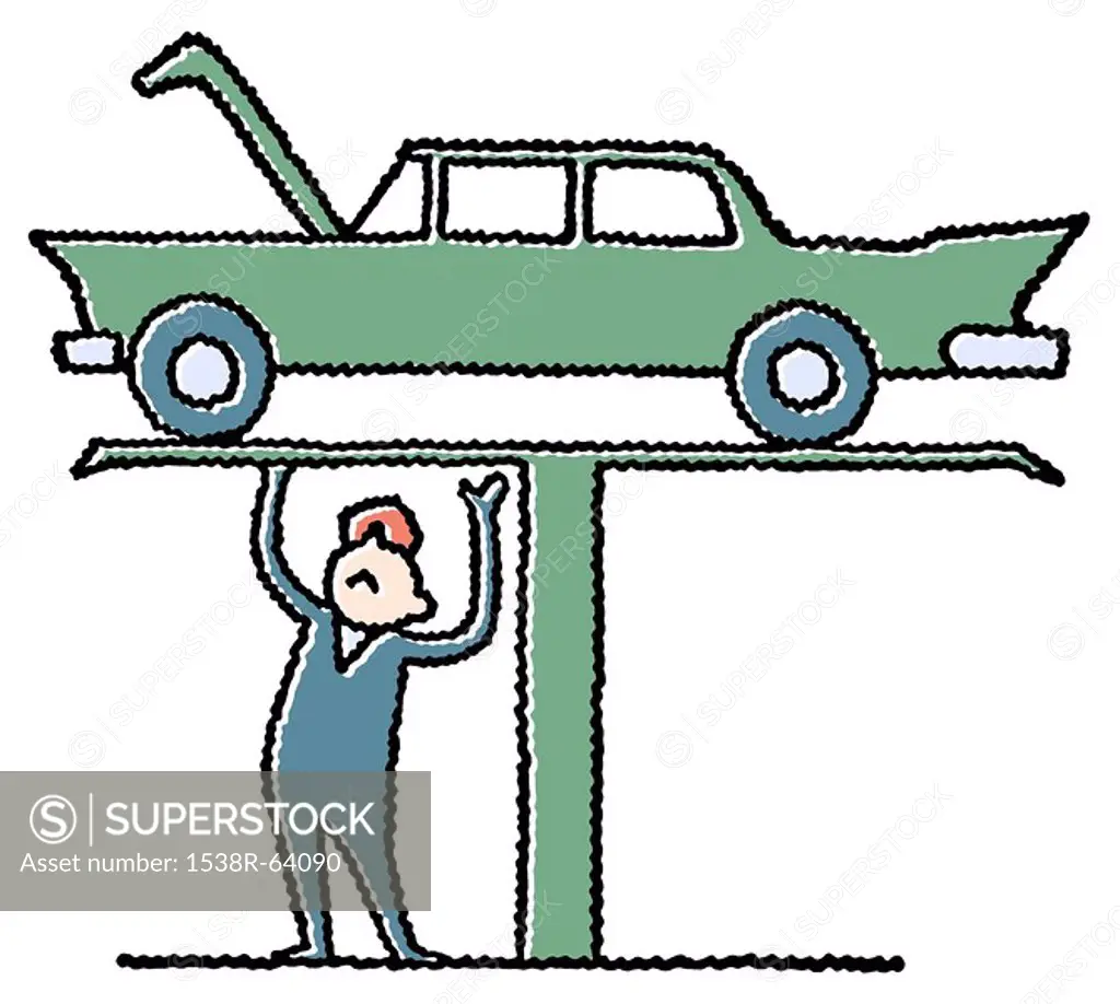 An illustration of a mechanic working on a car