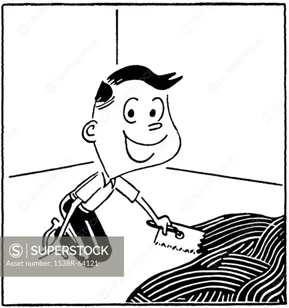 A black and white version of a cartoon style drawing of a young boy