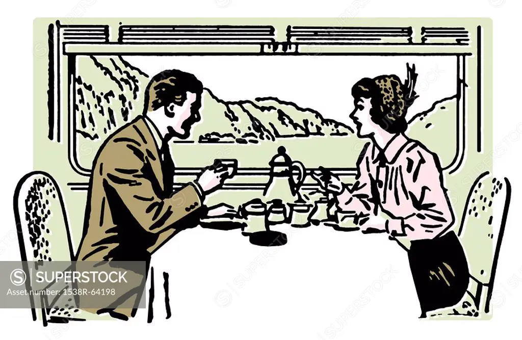 A vintage illustration of a couple dining in a train restaurant