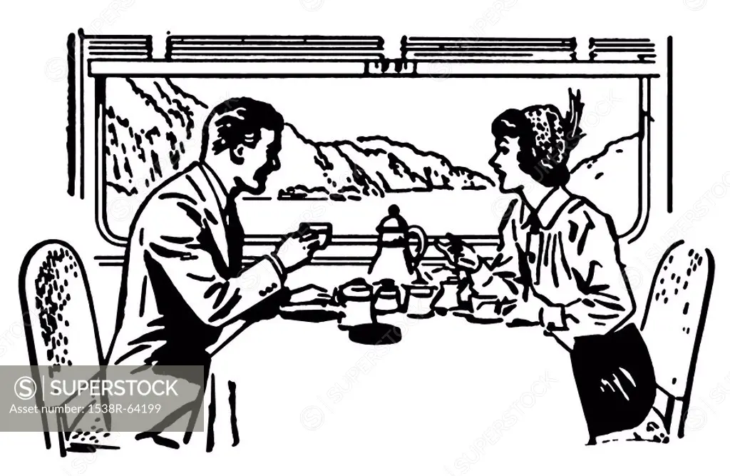 A black and white version of a vintage illustration of a couple dining in a train restaurant