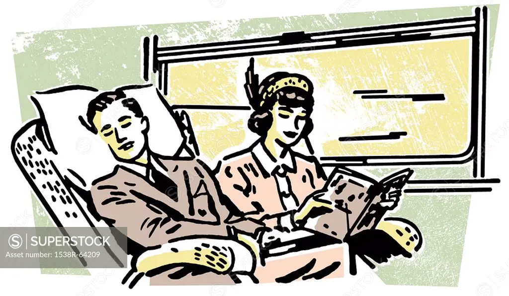 A vintage illustration of people on a train