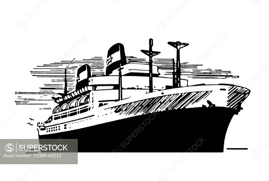 A black and white version of a vintage illustration of a ship