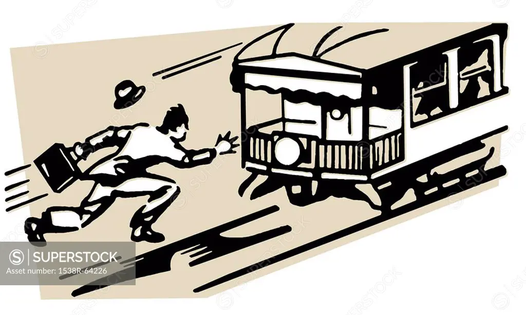 A vintage illustration of a man running for a tram