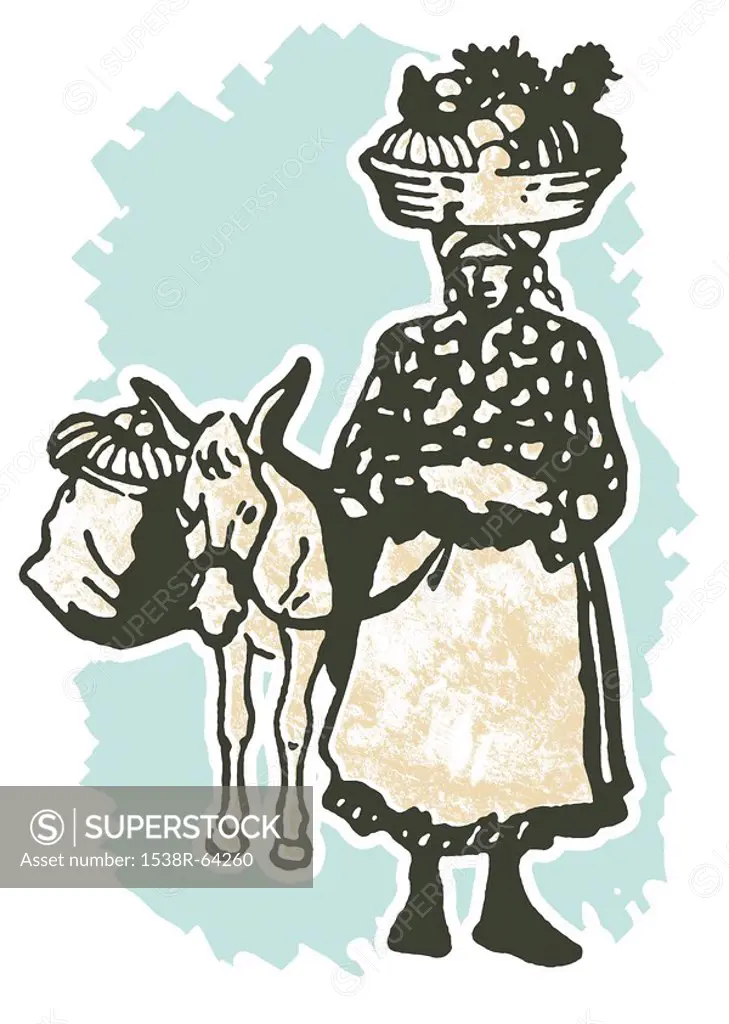 A vintage illustration of a woman carrying positions in a basket on her head