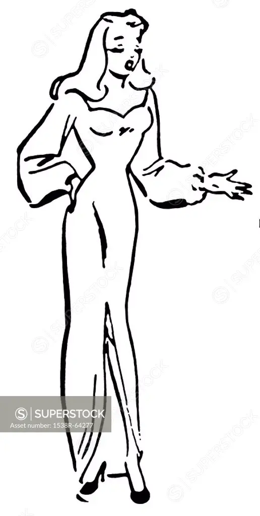 A black and white version of a vintage illustration of a woman pointing