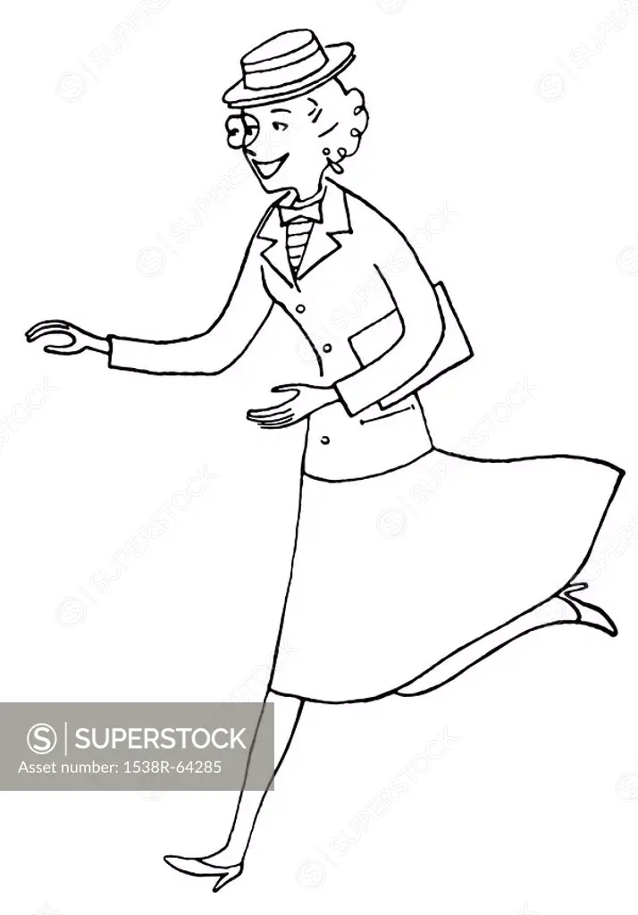 A black and white version of a vintage illustration of a woman running
