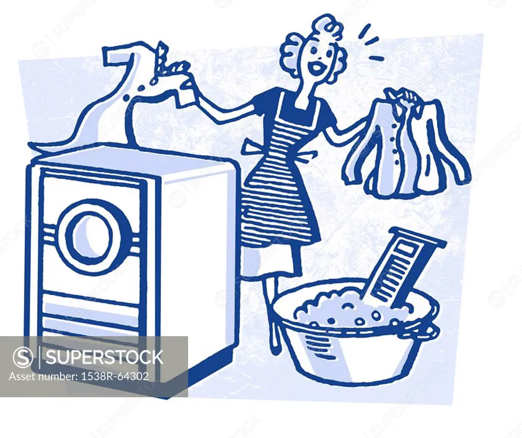 A cartoon style vintage illustration of a woman doing laundry