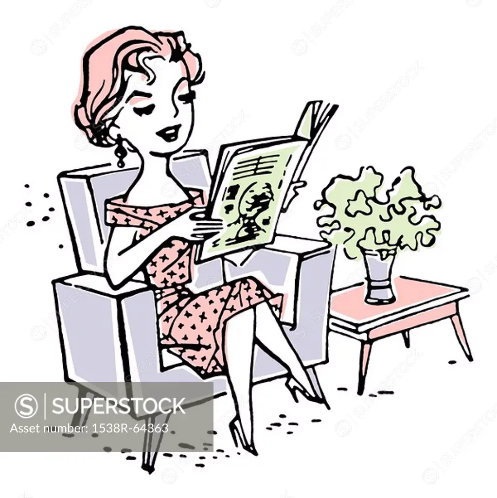 A vintage cartoon style image of a woman reading a paper