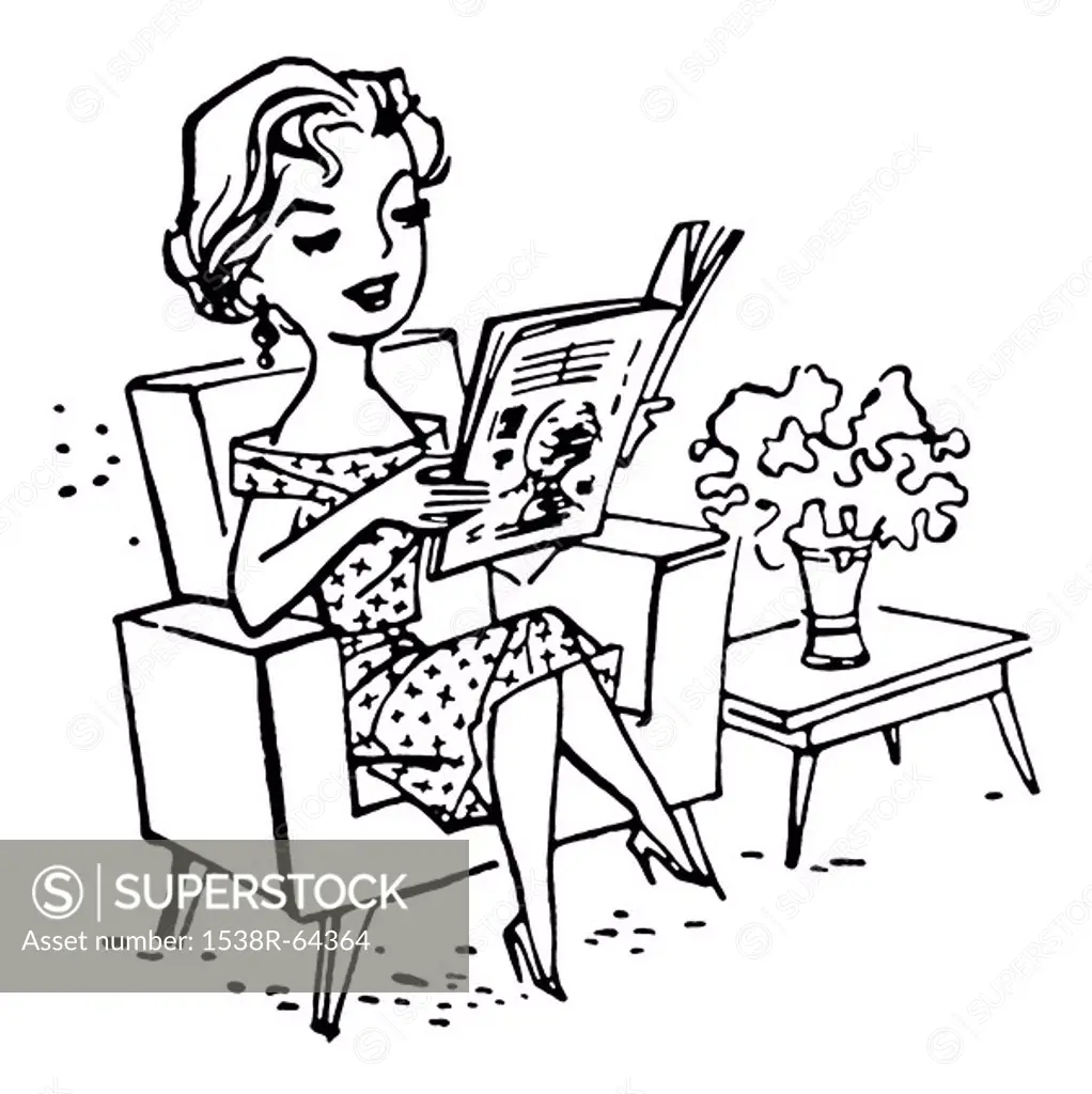 A black and white version of a vintage cartoon style image of a woman reading a paper