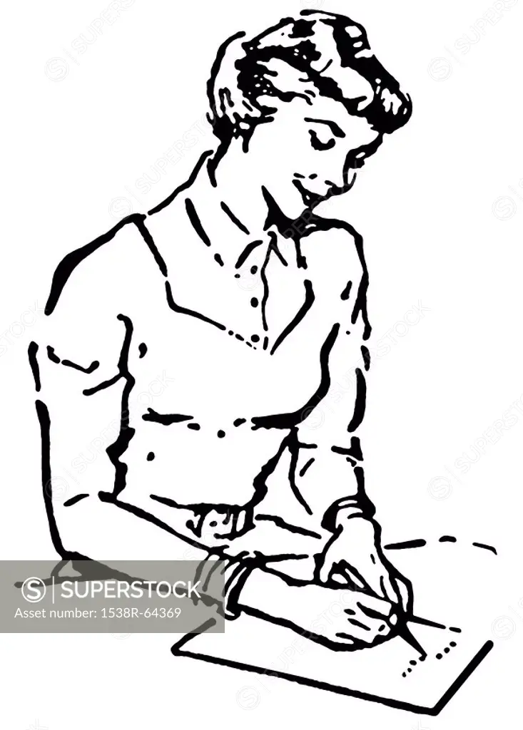 A black and white version of a vintage style portrait of a woman writing a note