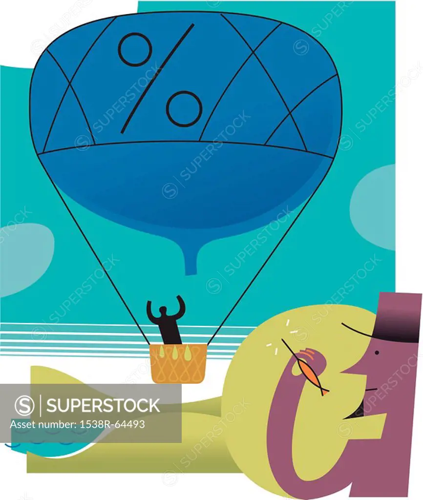 Illustration of a man hiding behind a hill, aiming a dart at a hot_air balloon with a percentage sign on it
