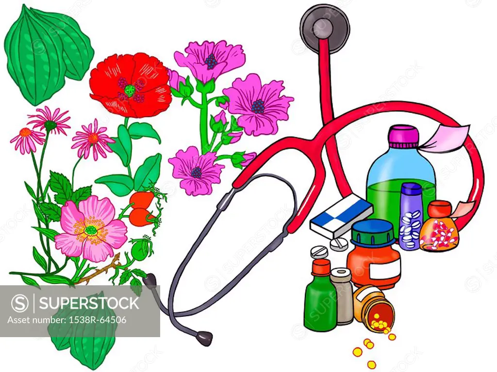 A juxtaposition of natural flowers an medical pills and potions