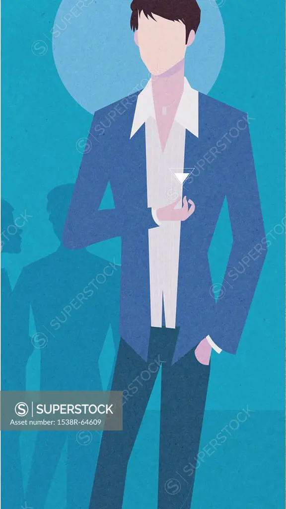 Illustration of a well_dressed man holding a drink at a party