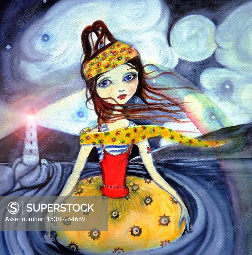 A whimsical painting of a child with a lighthouse in the background