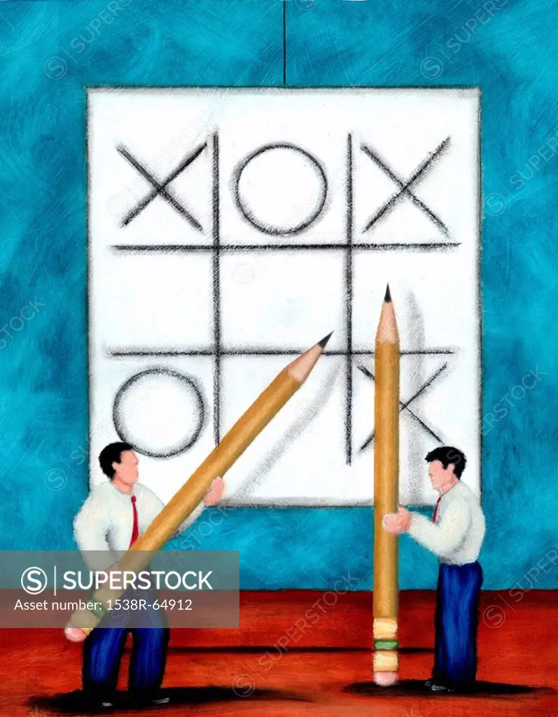 An illustration of two men playing naughts and crosses with an over sized pad and pencils