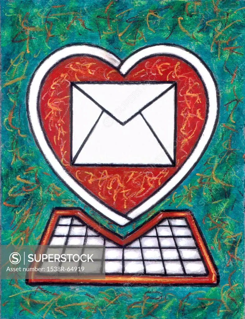 An illustration depicting a computer shaped like a heart with a large envelope on the screen