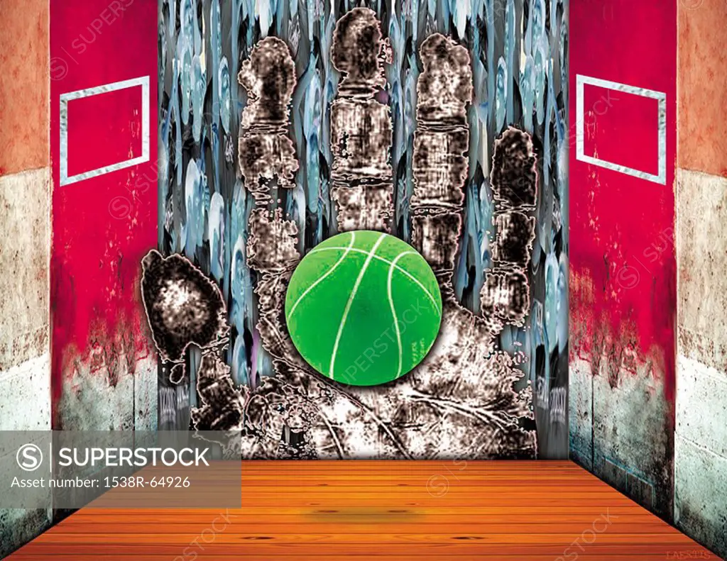 A collage illustration of a hand print with a basket ball suspended in front
