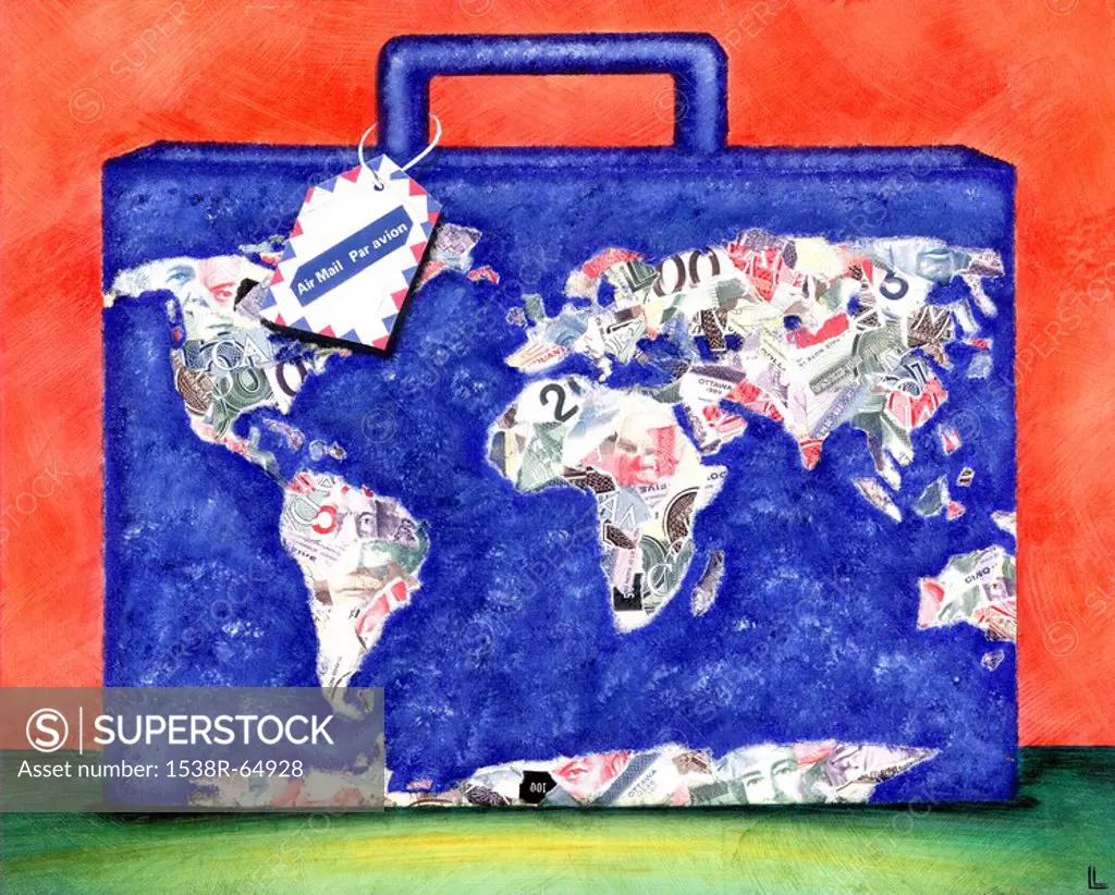 An image of a suite case with a map collage